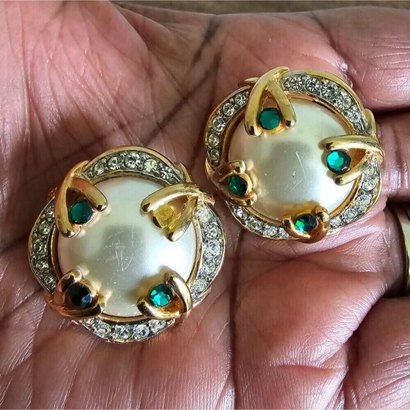 Vintage Birdcage Rhinestone Crystal Button Gold Green Faux Pearl Earrings - Picture 4 of 6